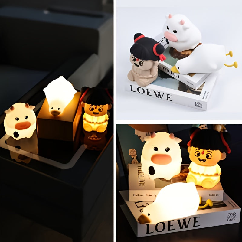 1pc, Three-stage Dimming Timer Little Cow, Quack Duck, Nezha Little Night Lamp, Touch-sensitive Desktop LED Night Lamp, with Rechargeable Battery - 500mAh, Portable Sleep Companion, Indoor And Outdoor Decoration Bedside Lamp, Playful Design, Decorative