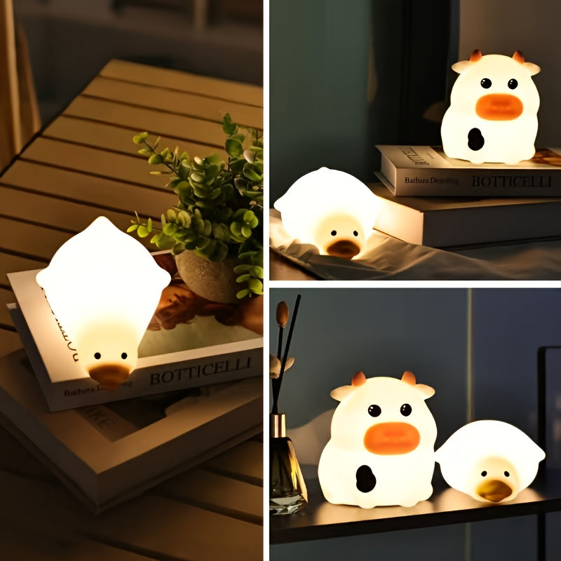 1pc, Three-stage Dimming Timer Little Cow, Quack Duck, Nezha Little Night Lamp, Touch-sensitive Desktop LED Night Lamp, with Rechargeable Battery - 500mAh, Portable Sleep Companion, Indoor And Outdoor Decoration Bedside Lamp, Playful Design, Decorative