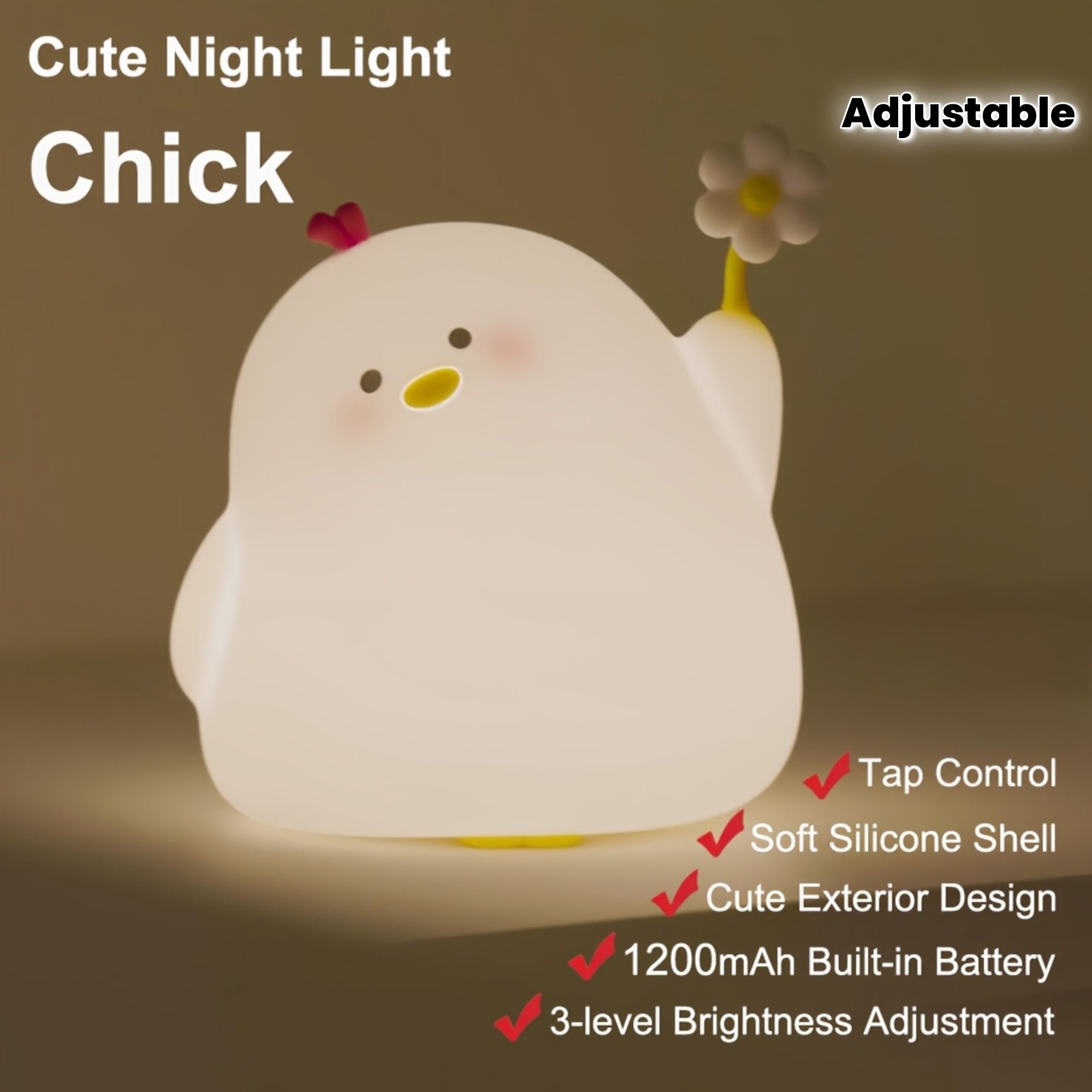 1pc Cute Chick Night Light, 1200mAh Battery LED Bedside Lights, Tapping Control, 3-level Brightness Adjustable, 30 Minute Timer, Great Gift for Birthdays Christmas for Family Friends