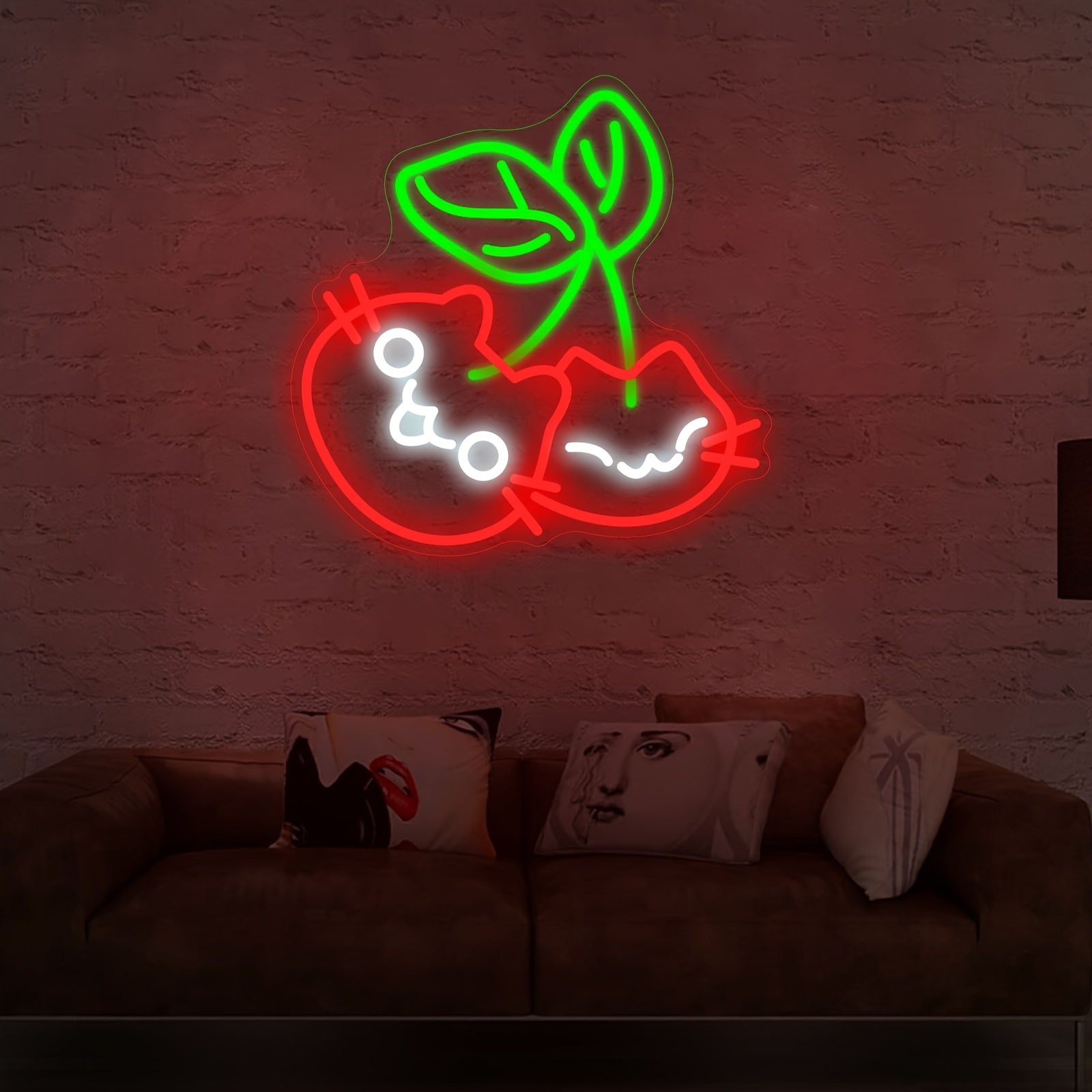 Cherry Cat LED Neon Wall Light with Dimmer – USB Powered, Wall-Mounted Night Light with Switch, Cute Red & Green LED Design, Perfect for Bedroom Decor or Gift for Cat Lovers, Cat Lover Gifts
