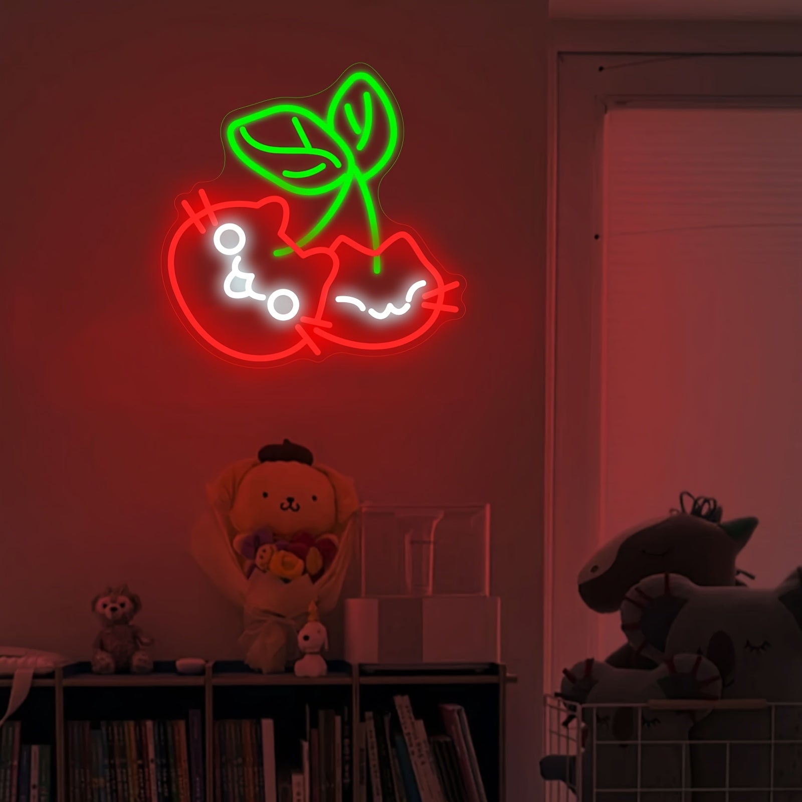 Cherry Cat LED Neon Wall Light with Dimmer – USB Powered, Wall-Mounted Night Light with Switch, Cute Red & Green LED Design, Perfect for Bedroom Decor or Gift for Cat Lovers, Cat Lover Gifts