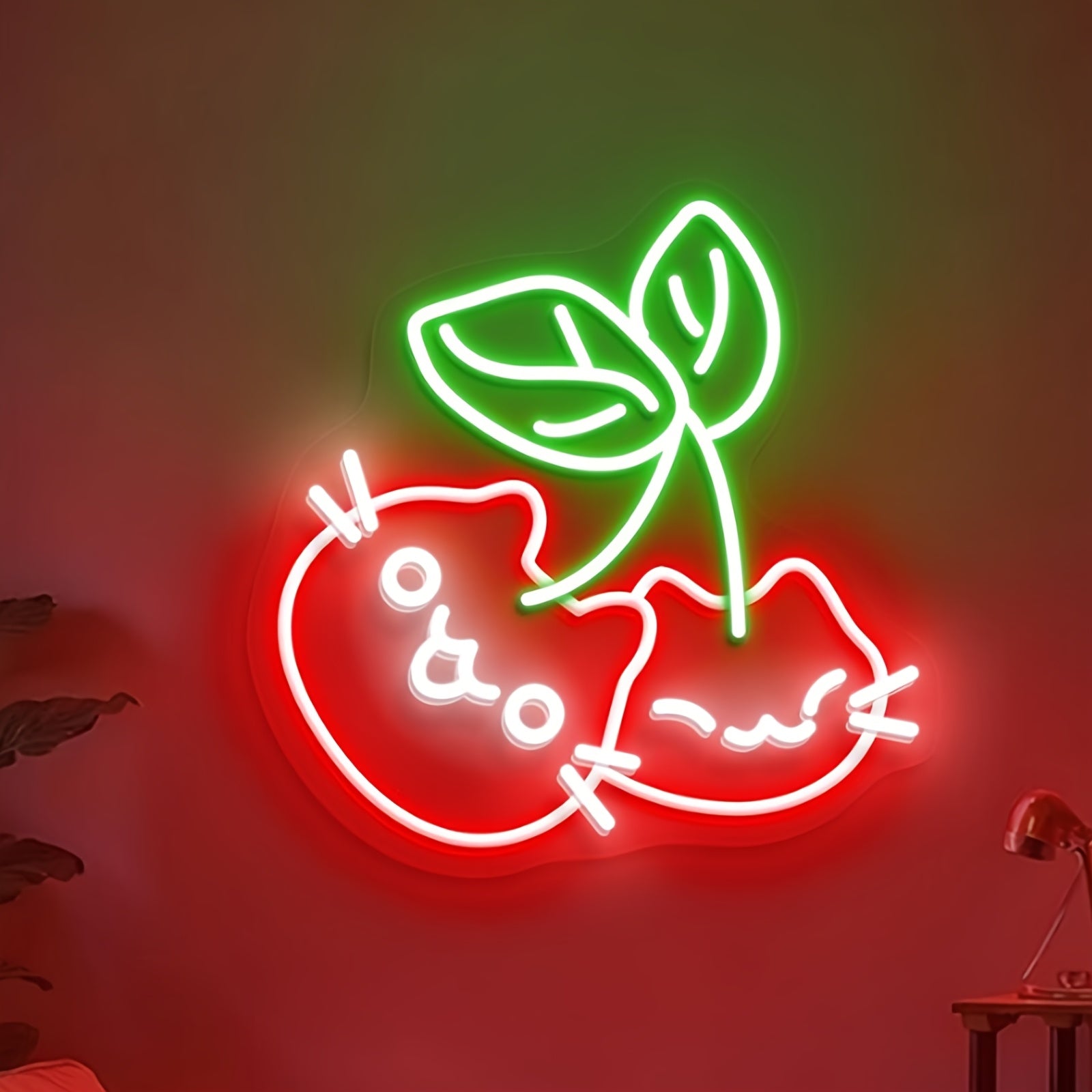 Cherry Cat LED Neon Wall Light with Dimmer – USB Powered, Wall-Mounted Night Light with Switch, Cute Red & Green LED Design, Perfect for Bedroom Decor or Gift for Cat Lovers, Cat Lover Gifts