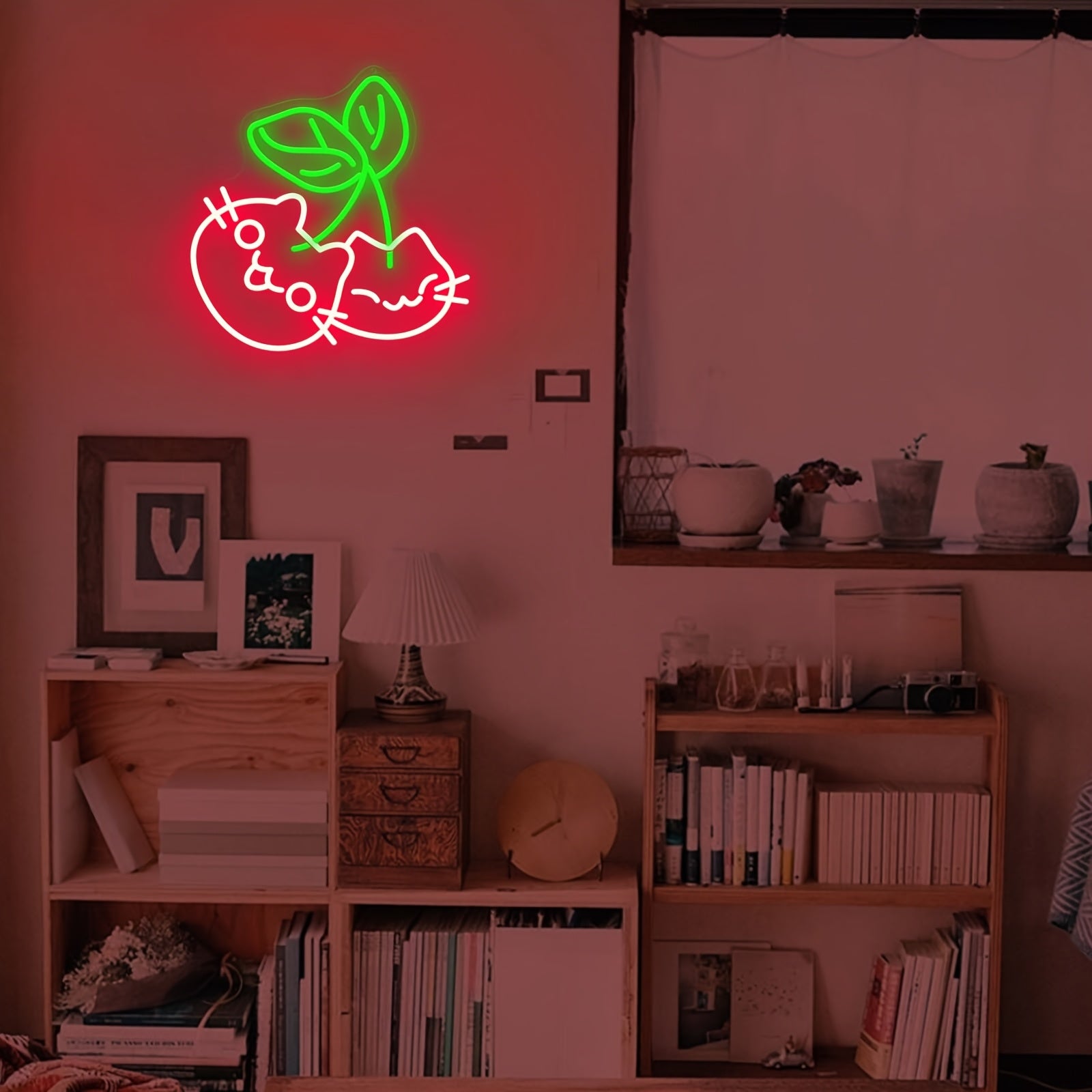 Cherry Cat LED Neon Wall Light with Dimmer – USB Powered, Wall-Mounted Night Light with Switch, Cute Red & Green LED Design, Perfect for Bedroom Decor or Gift for Cat Lovers, Cat Lover Gifts