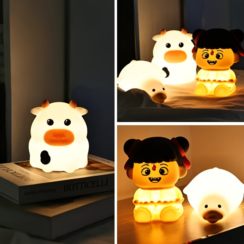 1pc, Three-stage Dimming Timer Little Cow, Quack Duck, Nezha Little Night Lamp, Touch-sensitive Desktop LED Night Lamp, with Rechargeable Battery - 500mAh, Portable Sleep Companion, Indoor And Outdoor Decoration Bedside Lamp, Playful Design, Decorative