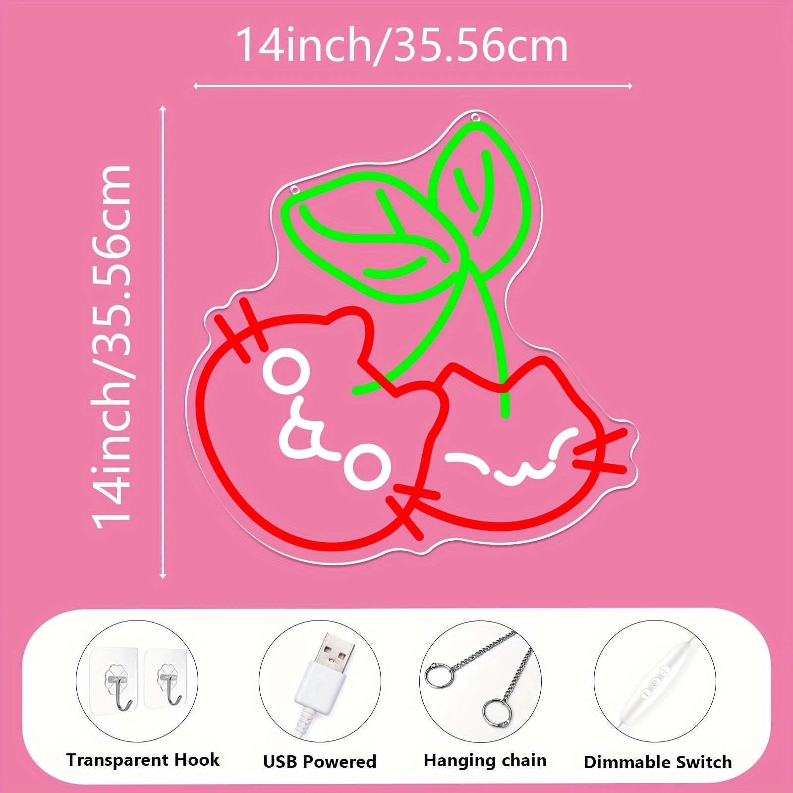 Cherry Cat LED Neon Wall Light with Dimmer – USB Powered, Wall-Mounted Night Light with Switch, Cute Red & Green LED Design, Perfect for Bedroom Decor or Gift for Cat Lovers, Cat Lover Gifts