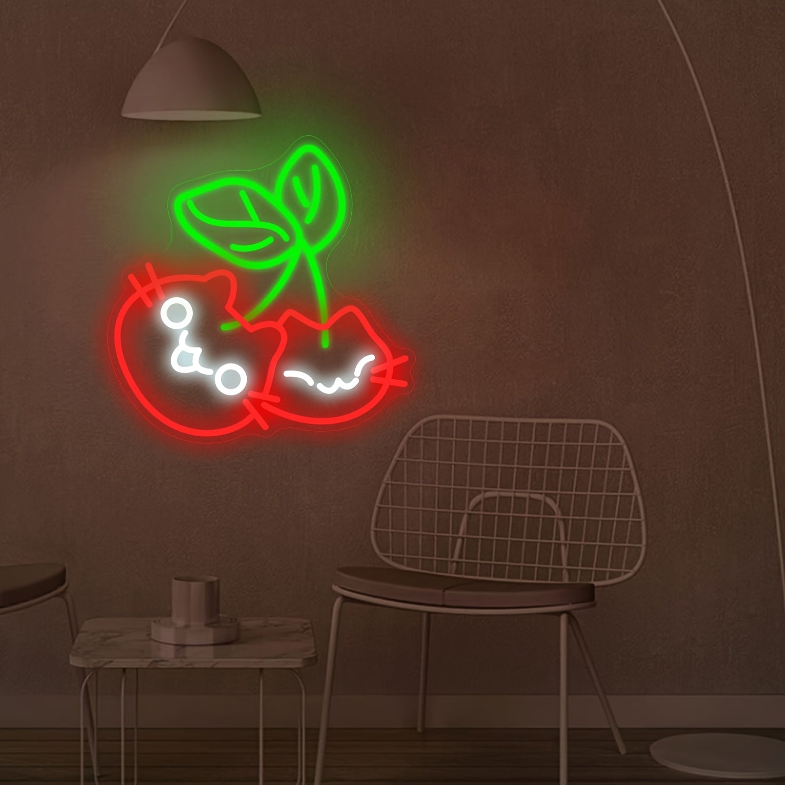 Cherry Cat LED Neon Wall Light with Dimmer – USB Powered, Wall-Mounted Night Light with Switch, Cute Red & Green LED Design, Perfect for Bedroom Decor or Gift for Cat Lovers, Cat Lover Gifts